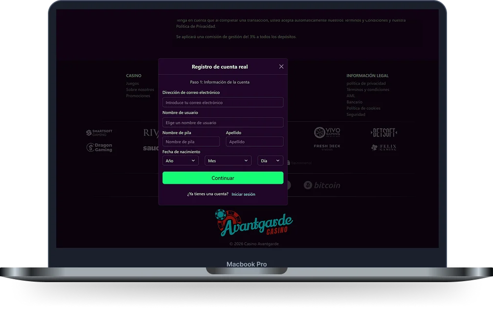 Avantgarde Casino formulario de registro de cuenta real mostrado en ordenador