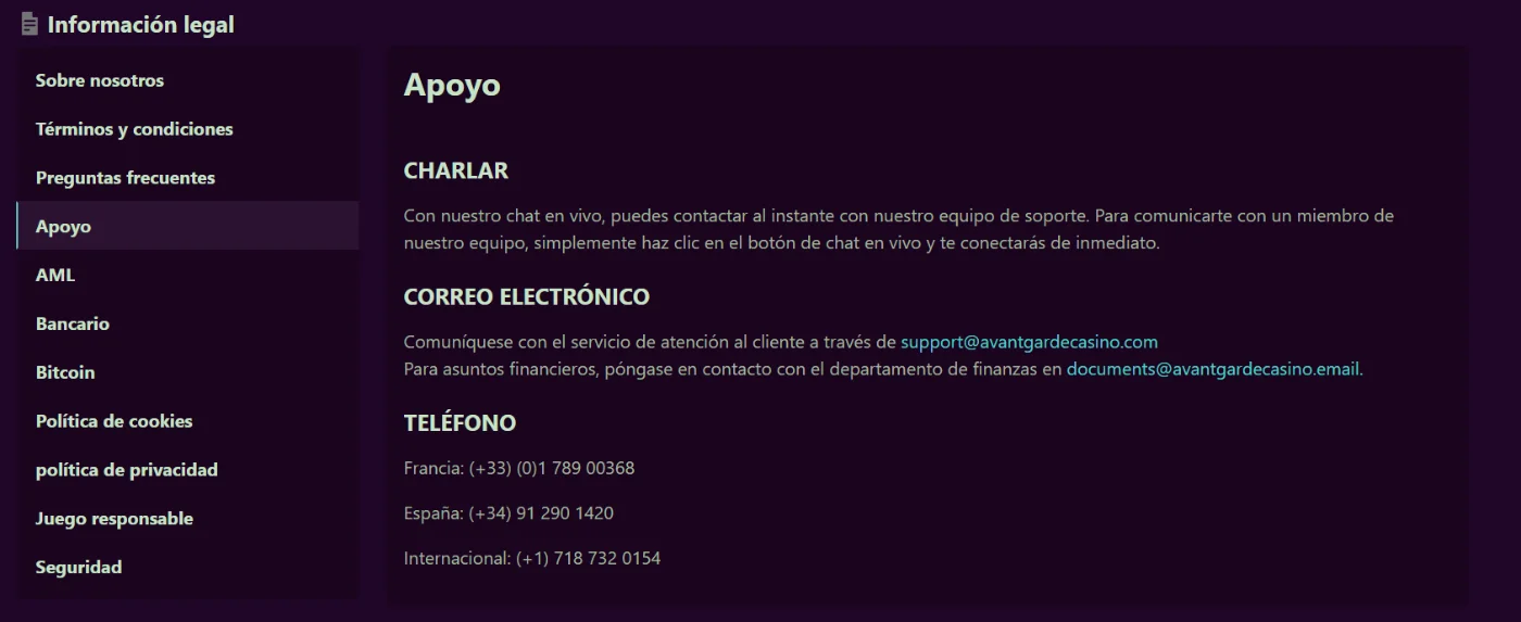 Avantgarde Casino sección de información legal con chat, correo electrónico y teléfonos de soporte