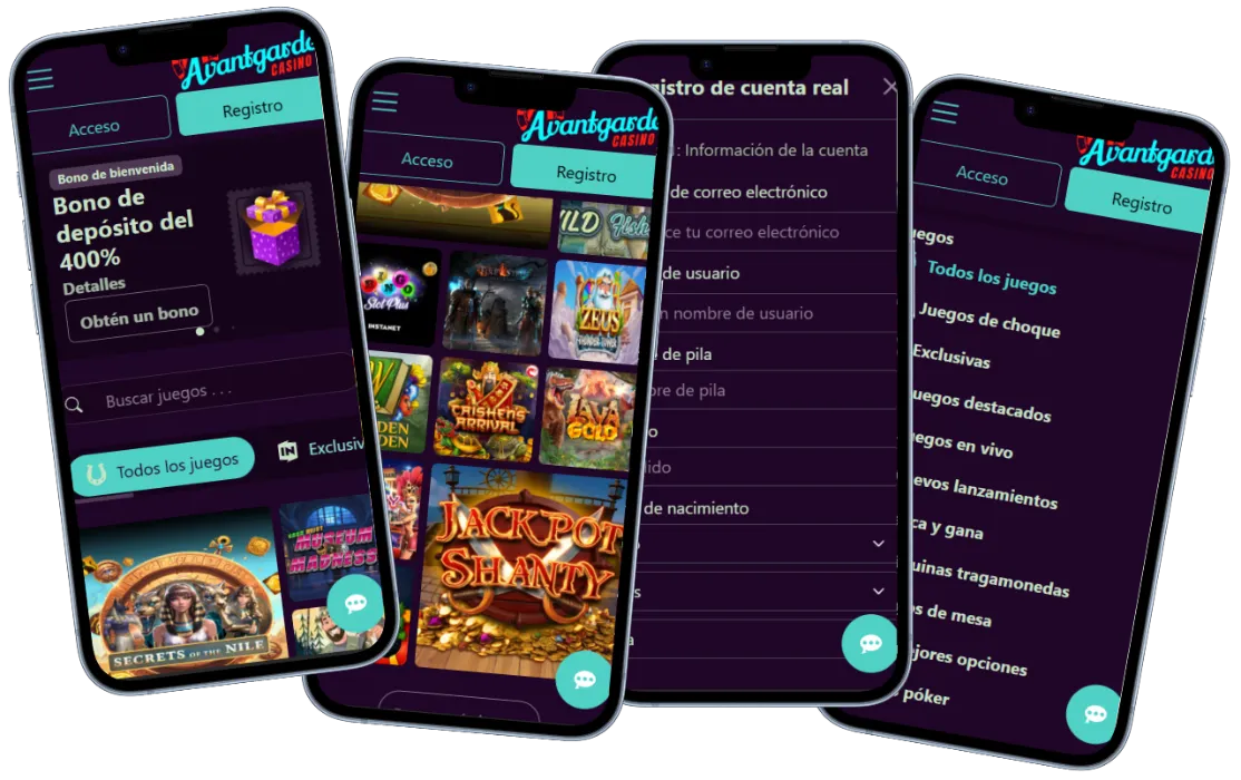 Avantgarde Casino versión móvil con juegos, bono de bienvenida, registro y navegación por categorías